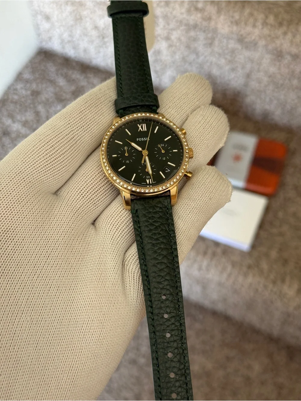 Fossil Dark Green Neutra Leather Strap Gold Crystal Bezel Chronograph Womens